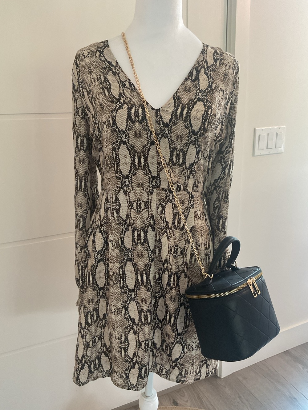 ***Sage The Label Snake-Print Long Sleeve V-Neck Dress in Neutral Tones